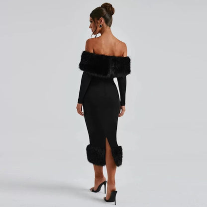 "Lana" Abendkleid mit Fell
