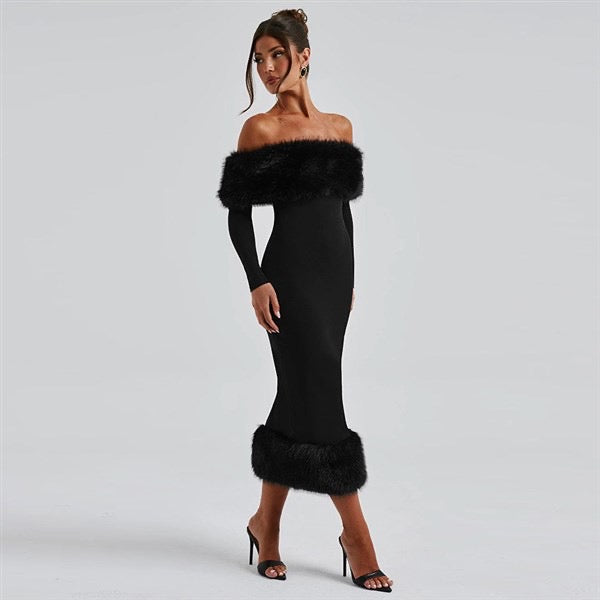 "Lana" Abendkleid mit Fell