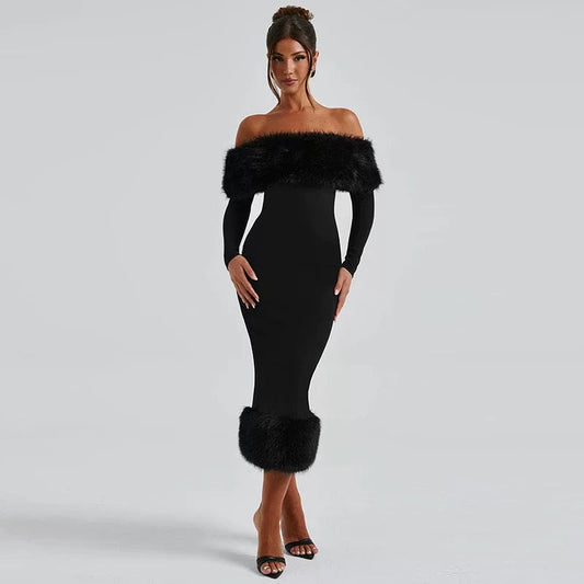 "Lana" Abendkleid mit Fell